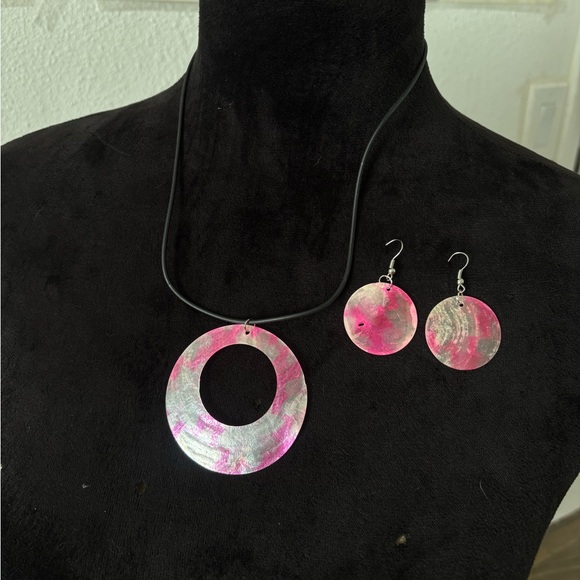 Jewelry - Handcrafted Pink and Silver Circular Pendant Necklace & Earrings Set